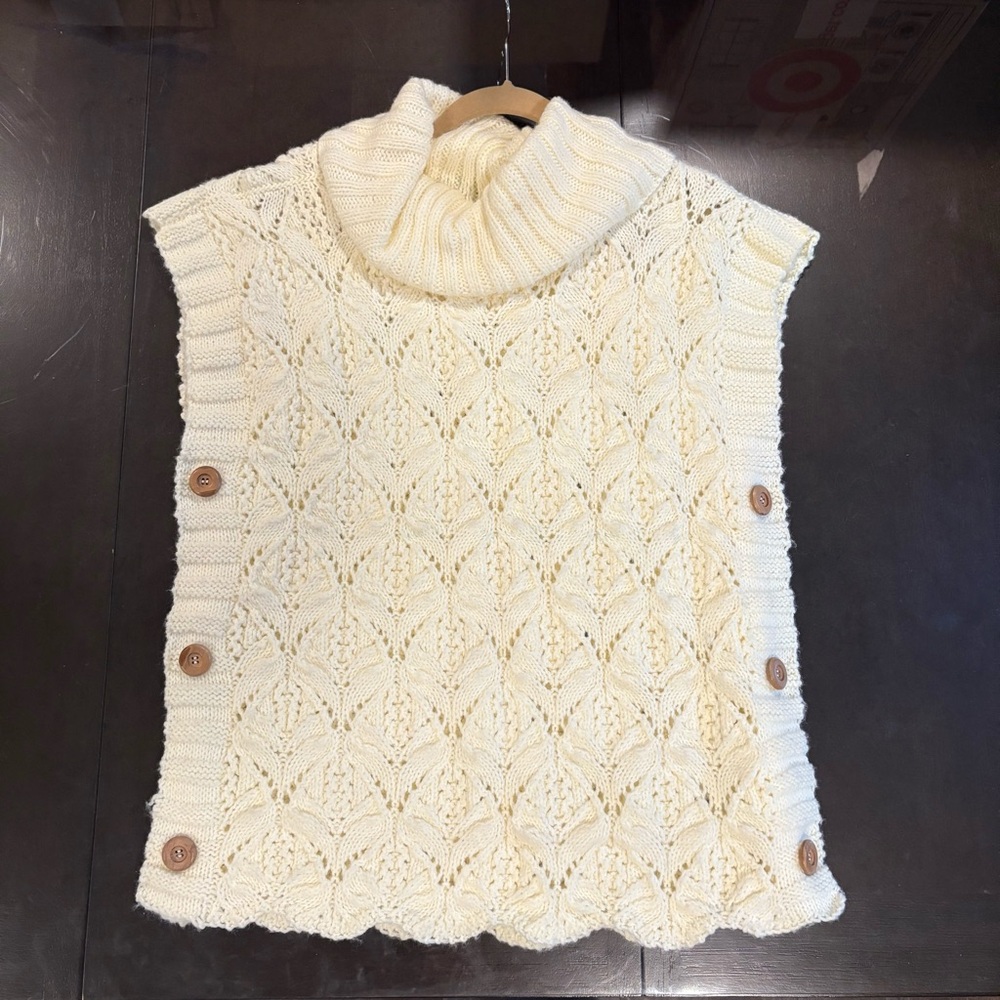 Handmade Chunky Cable Open Knit Slveless Turtleneck Sweater Tunic Crochet L VNTG
